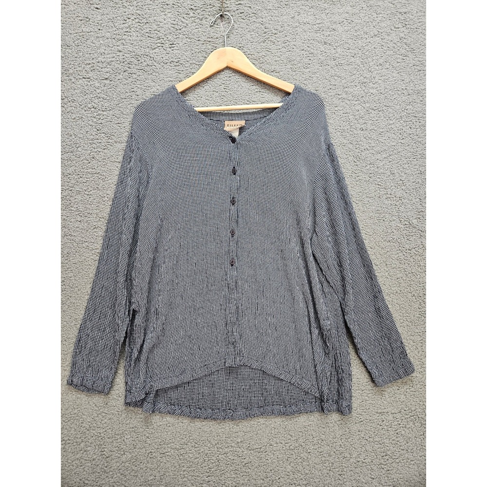 Eileen Fisher Button Front Blouse Large Black White Gingham High Low Lagenlook